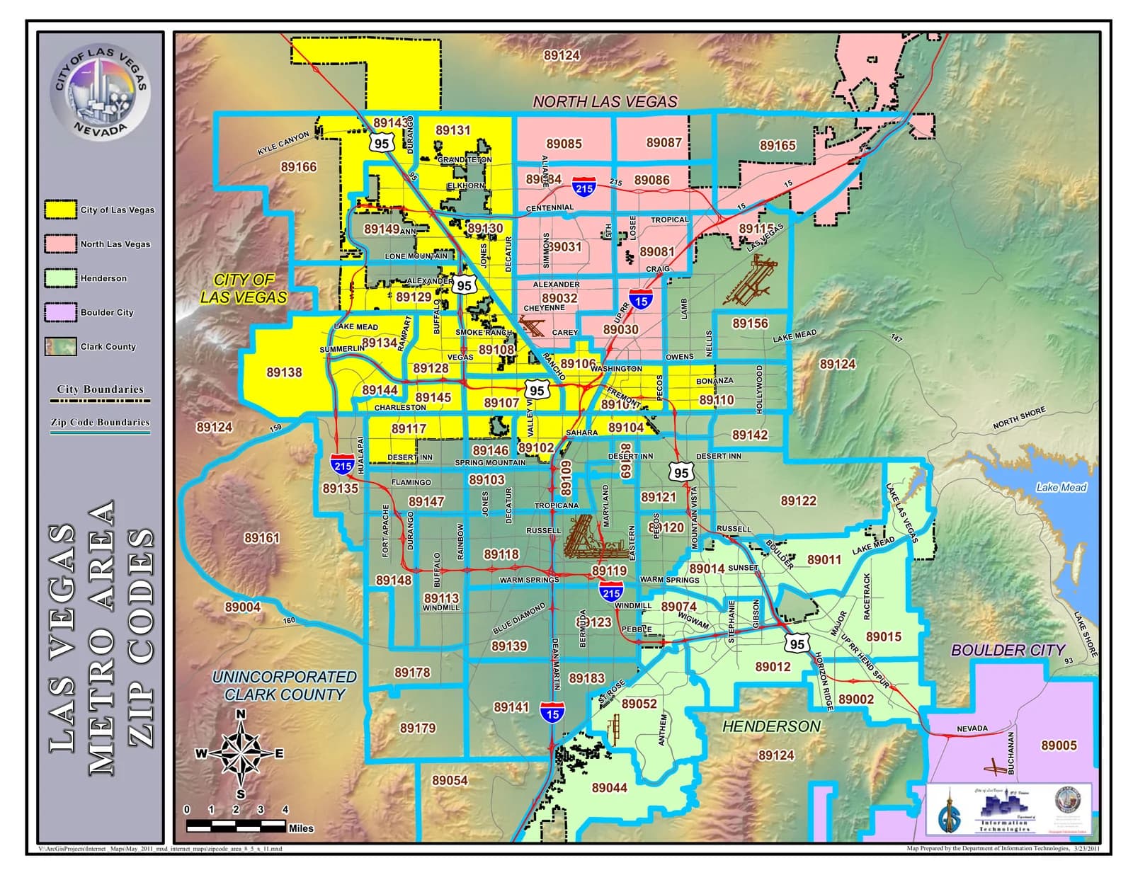 Map of Las Vegas metro area zip codes, shaded by city: the City of Las Vegas, North Las Vegas, Henderson, Boulder City and unincorporated Clark County.