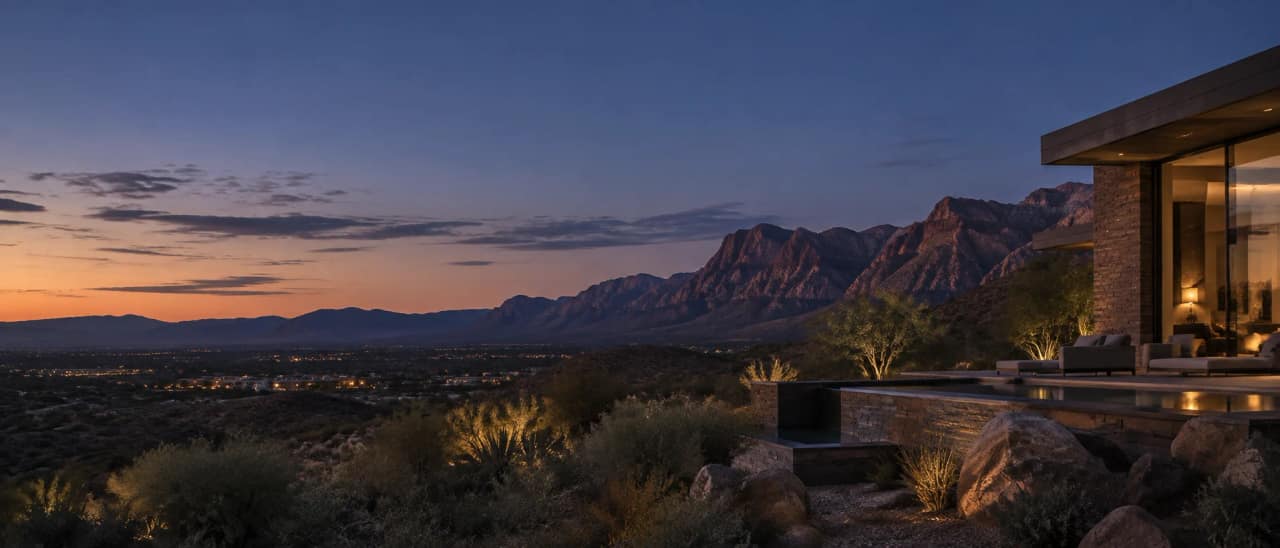 A contemporary desert home beneath the mountains at dusk