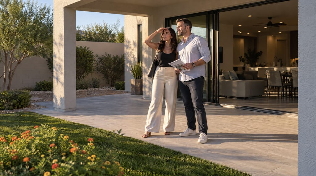 A woman shades her eyes beside a man holding a printed sheet on a covered patio, with open glass doors leading into a furnished living area.