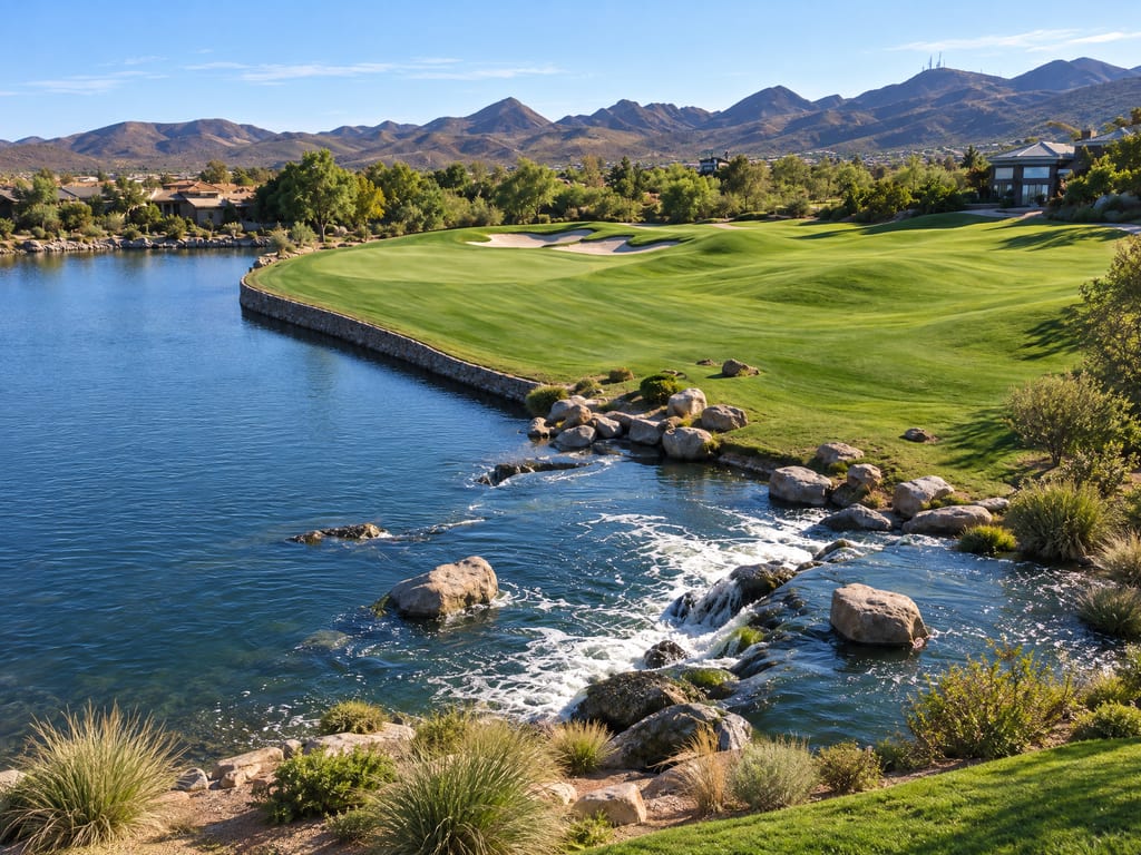 A green fairway and sand bunkers curve along a lake, with a small rocky cascade in front and desert mountains behind.
