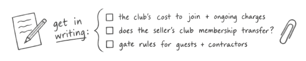 A handwritten checklist headed get in writing: the club’s cost to join plus ongoing charges; does the seller’s club membership transfer?; gate rules for guests and contractors.