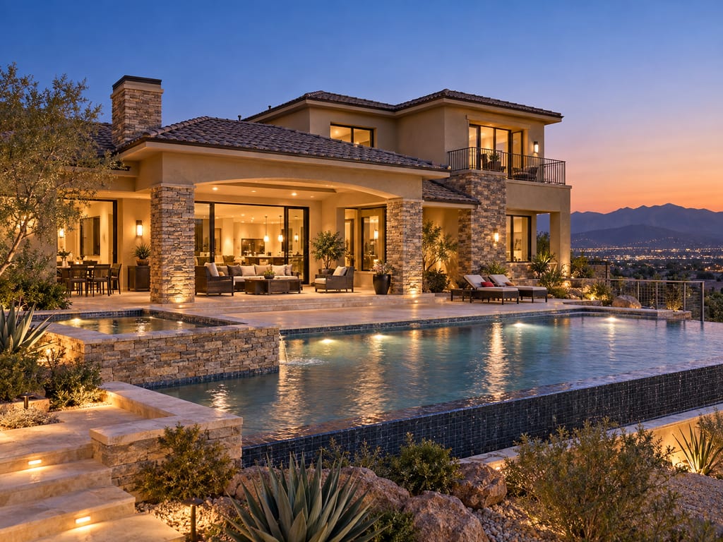 A covered patio with a dining table and sofas glows at dusk beside a pool, with city lights and mountains in the distance.