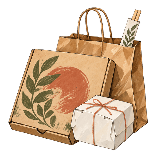 An illustration shows a paper takeaway bag with chopsticks, a pizza box decorated with leaves and an orange circle, and a small white box tied with string.