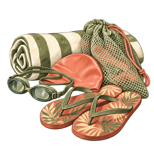 An illustration shows a rolled green-and-white striped towel, a mesh drawstring bag, green goggles, a coral swim cap and patterned flip-flops.