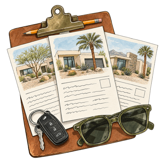 An illustration shows three house listing sheets on a clipboard with a pencil, car keys and green sunglasses.