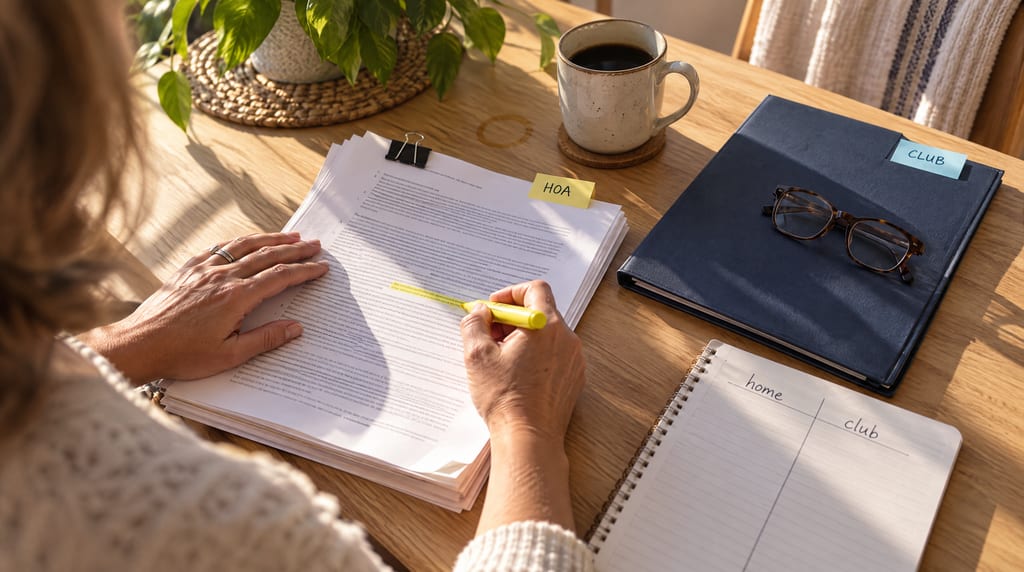 A woman highlights a clipped stack of papers labeled HOA beside a closed folder labeled CLUB, reading glasses, a coffee mug and a notebook with home and club columns.