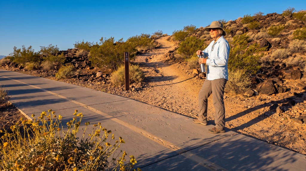 A woman in a sun hat holds a water bottle on a paved path beside a marked dirt trail that climbs through desert shrubs and rocks.
