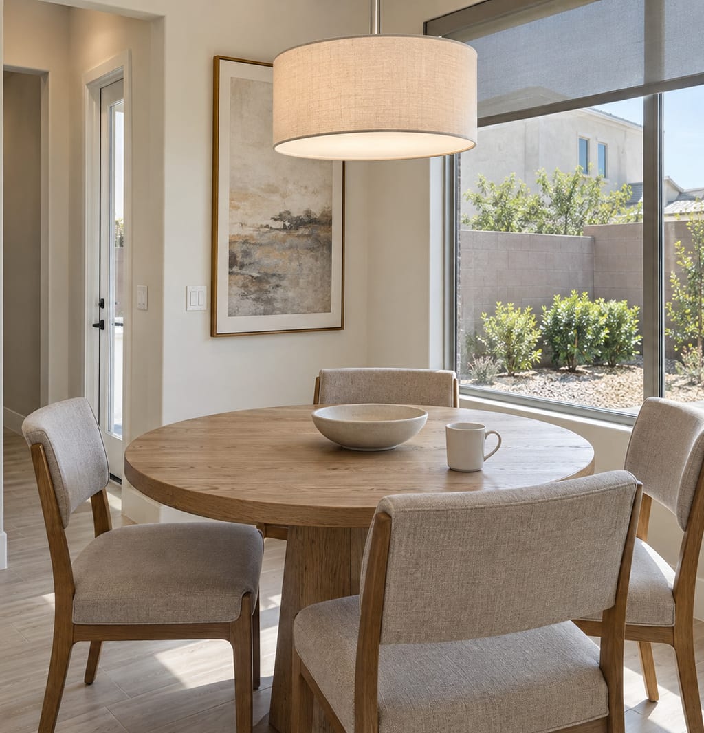 A round breakfast table by a window facing a block wall and desert planting