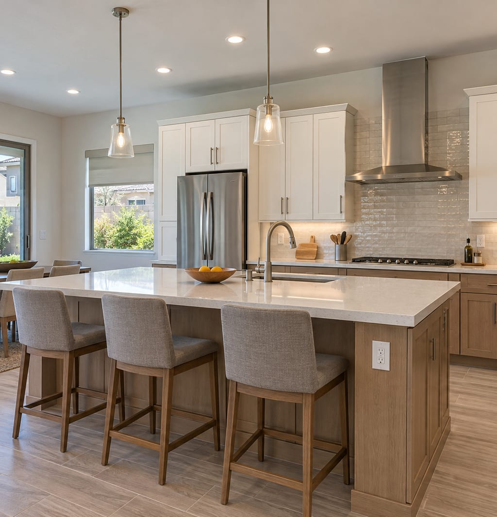 A kitchen with white cabinets and a wood island with three stools