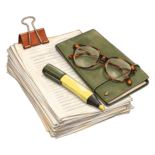 A drawing of a clipped stack of papers with a green notebook, reading glasses and a yellow highlighter.