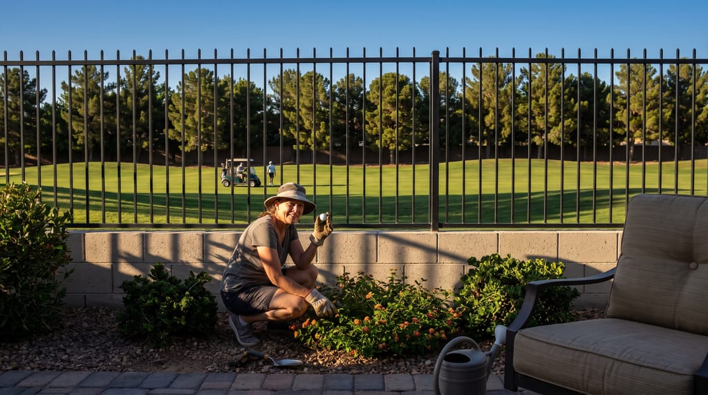 A woman crouches among flowering plants and holds up a golf ball beside a patio, with golfers and a cart beyond a metal fence.