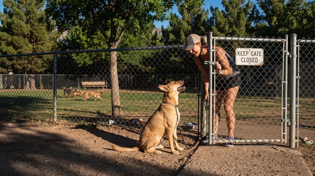 A tan dog on a leash sits facing a woman at a chain-link gate marked “KEEP GATE CLOSED,” with other dogs on the grass beyond.