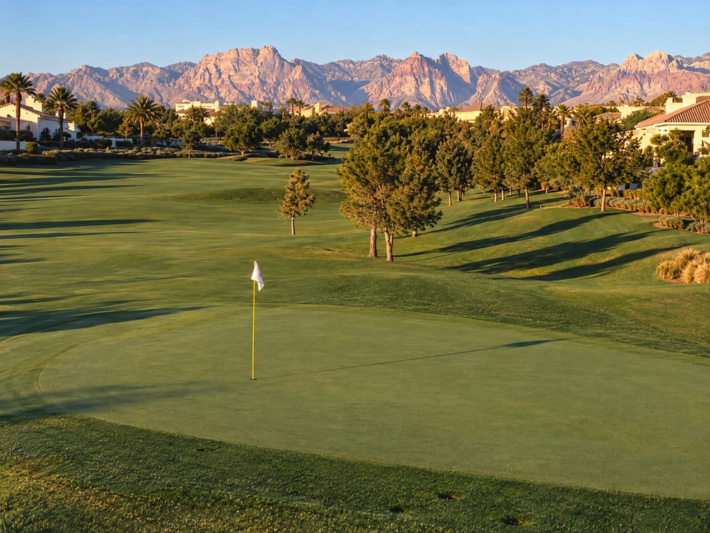 A putting green with a white flag in front of a long fairway lined with pines, with light stucco homes on both sides and rugged mountains lit by low sun behind.