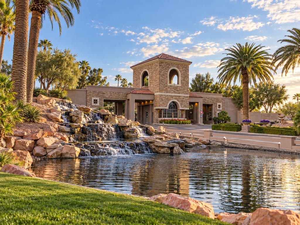 A stone gatehouse with a bell tower and red tile roofs stands over drive-through lanes, beside a rock waterfall spilling into a pond, with tall palms in warm low sun.
