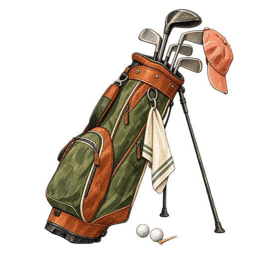 A drawing of a green and brown golf bag filled with clubs, with a cap, a striped towel, two golf balls and a tee.
