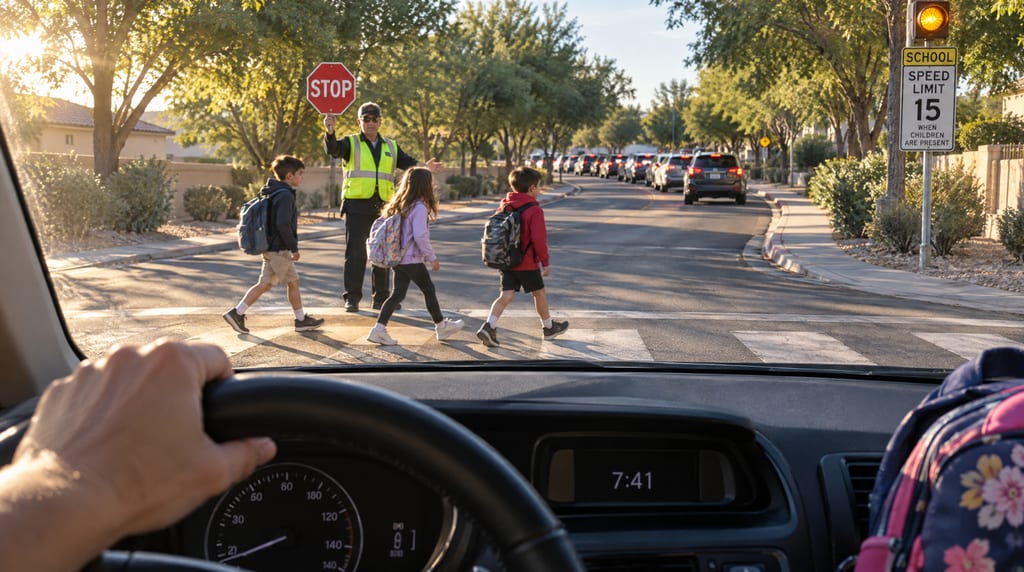 From the driver’s seat, a crossing guard holds up a stop sign as three children with backpacks cross in front of the car, with a line of cars farther down the street and a school speed-limit sign at right.