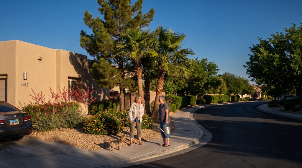 Two women laugh together beside a small dog on a leash, one holding a watering can, on a palm-lined sidewalk in front of a stucco house.