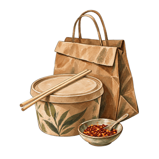 A drawing of a paper takeout bag, a lidded food container with chopsticks, and a small bowl of chili flakes with a spoon.