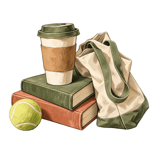 A drawing of a takeaway coffee cup on two stacked books beside a canvas tote bag and a tennis ball.