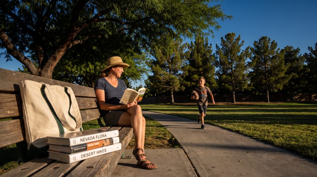 A woman holding an open book sits beside a tote and stacked books on a park bench as a boy carrying a football runs toward her along the path.