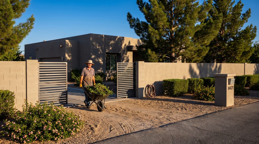 A man pushes a wheelbarrow full of cut branches through an open metal gate in front of a flat-roofed house with gravel landscaping and tall pine trees.
