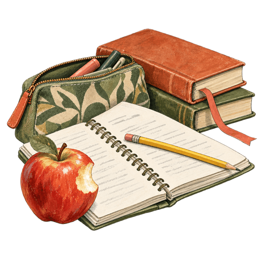 An illustration shows a pencil across an open spiral notebook beside a patterned pencil case, two stacked books and a bitten apple.