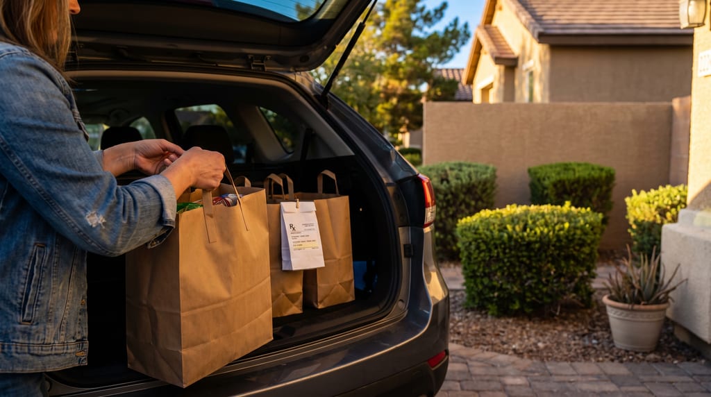 A woman holds the handles of a paper grocery bag in an open car trunk beside two more grocery bags and a small white pharmacy bag.