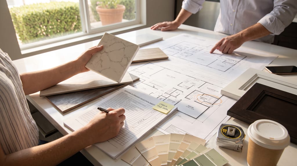 Two people review floor plans and a finishes checklist at a table covered with tile, wood, cabinet and paint samples.