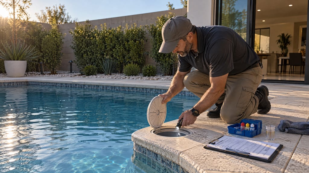 A man kneels beside a swimming pool, lifting the skimmer lid and shining a flashlight inside, with a water test kit and clipboard nearby.