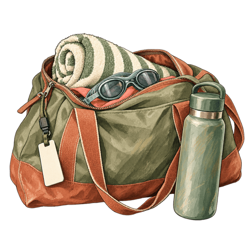 An illustrated green duffel bag holds a rolled striped towel and swimming goggles, with a blank tag on its strap and a water bottle beside it.