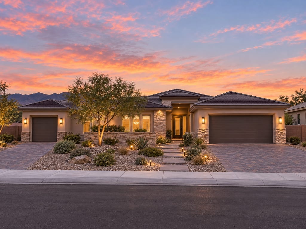 A single-story stucco house with stone trim and two garage doors at dusk, its entry, windows and path lights glowing under a pink sky.