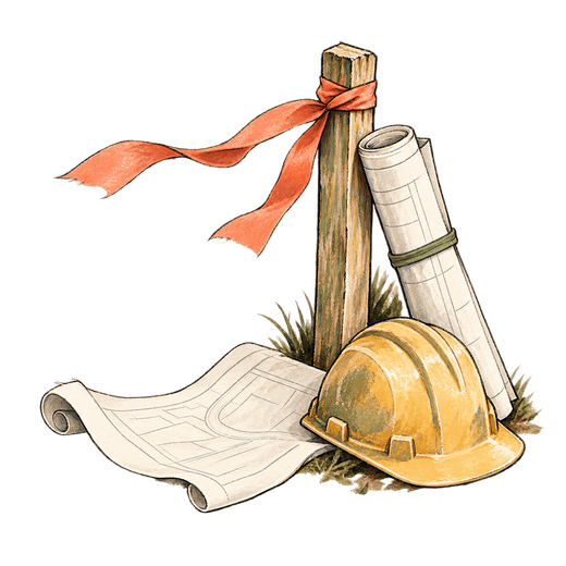 An illustration shows a wooden stake tied with orange ribbon, rolled and unrolled plans, and a yellow hard hat.