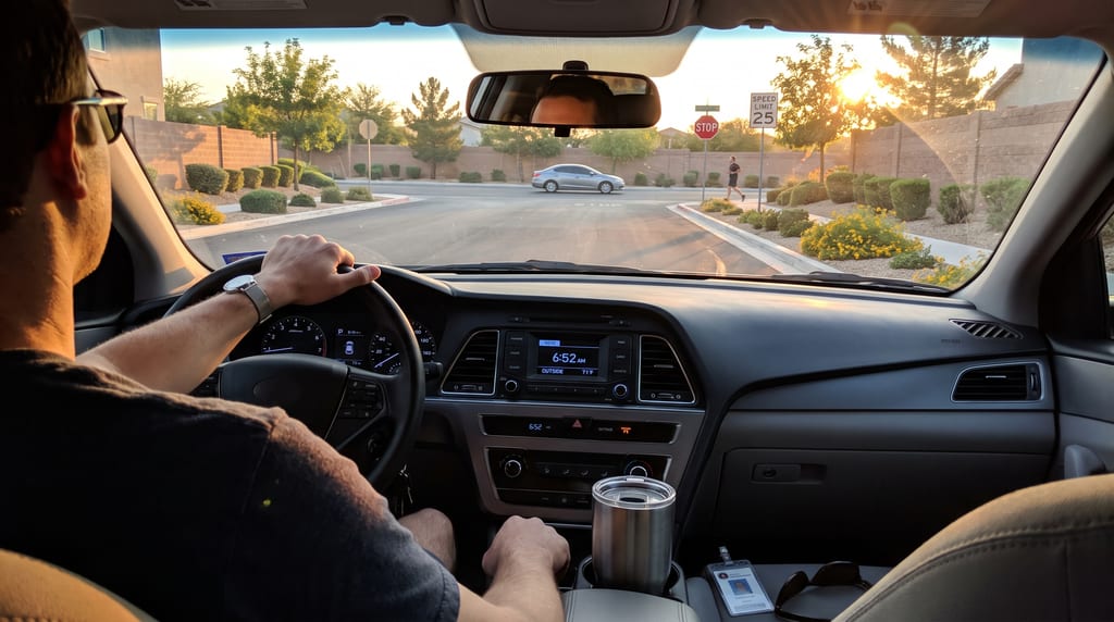 A driver waits at a stop sign as a car passes and a jogger approaches the corner, with the dashboard clock showing 6:52 AM.