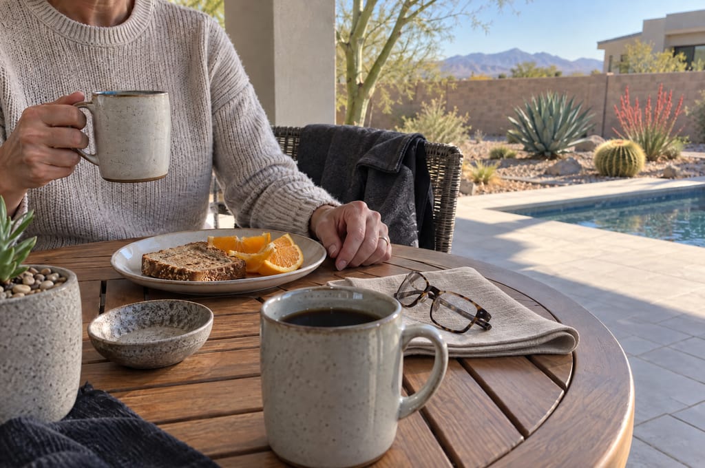 Breakfast at a shaded patio table, with agave, cactus and a pool in the sun beyond
