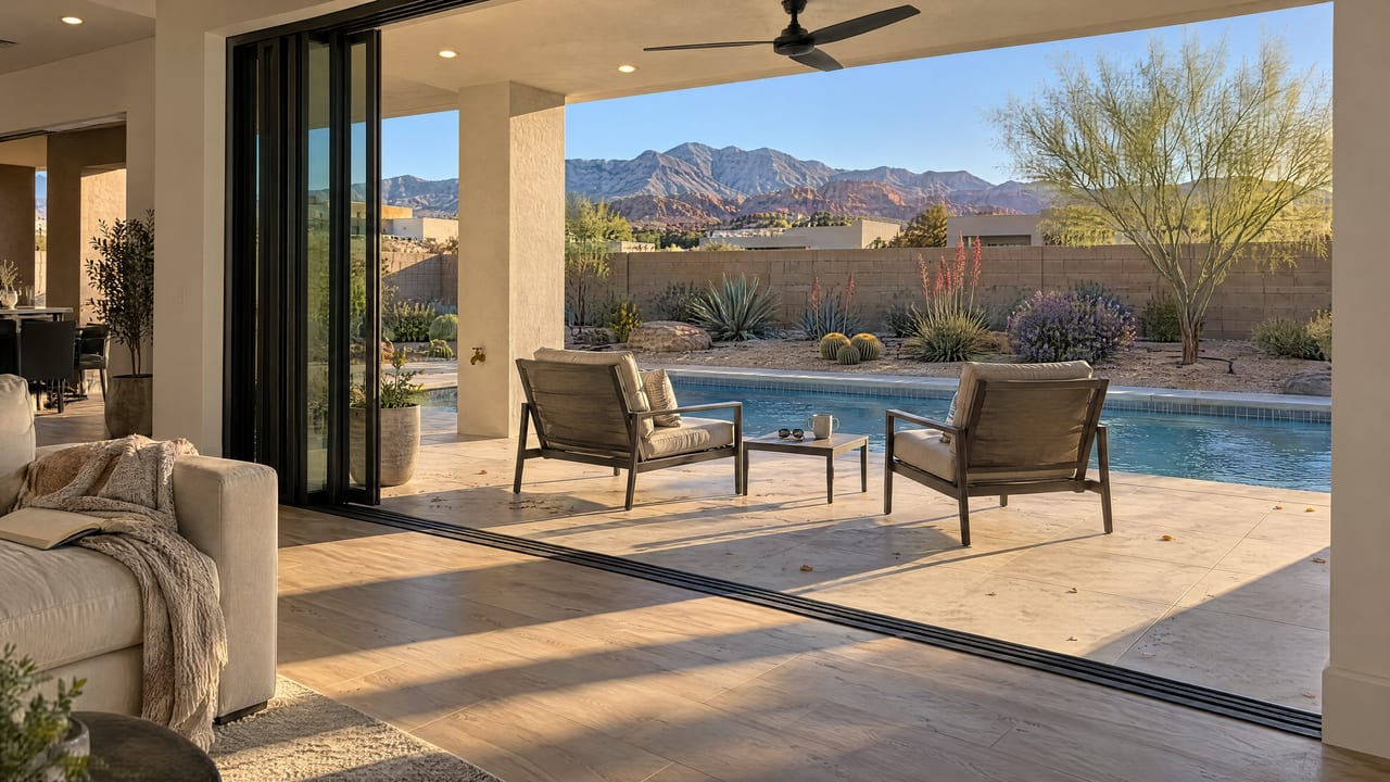 Late sun across a living room and covered patio open to a pool, desert garden and red-rock mountains