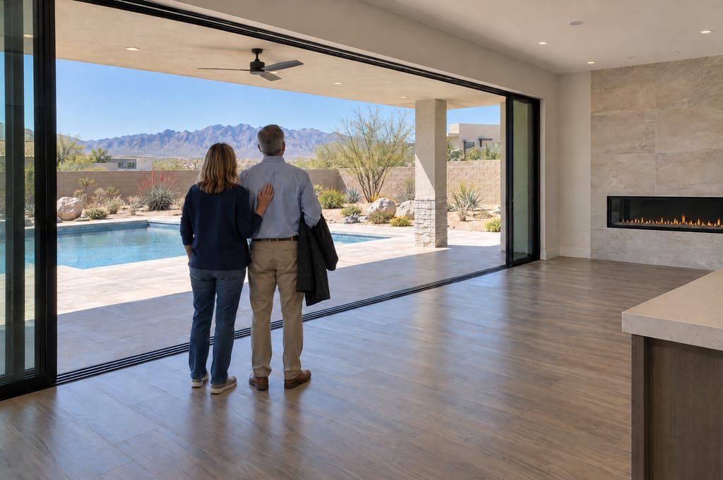A couple seen from behind in an empty living room, looking through open sliding doors to a patio, pool, desert yard and mountains