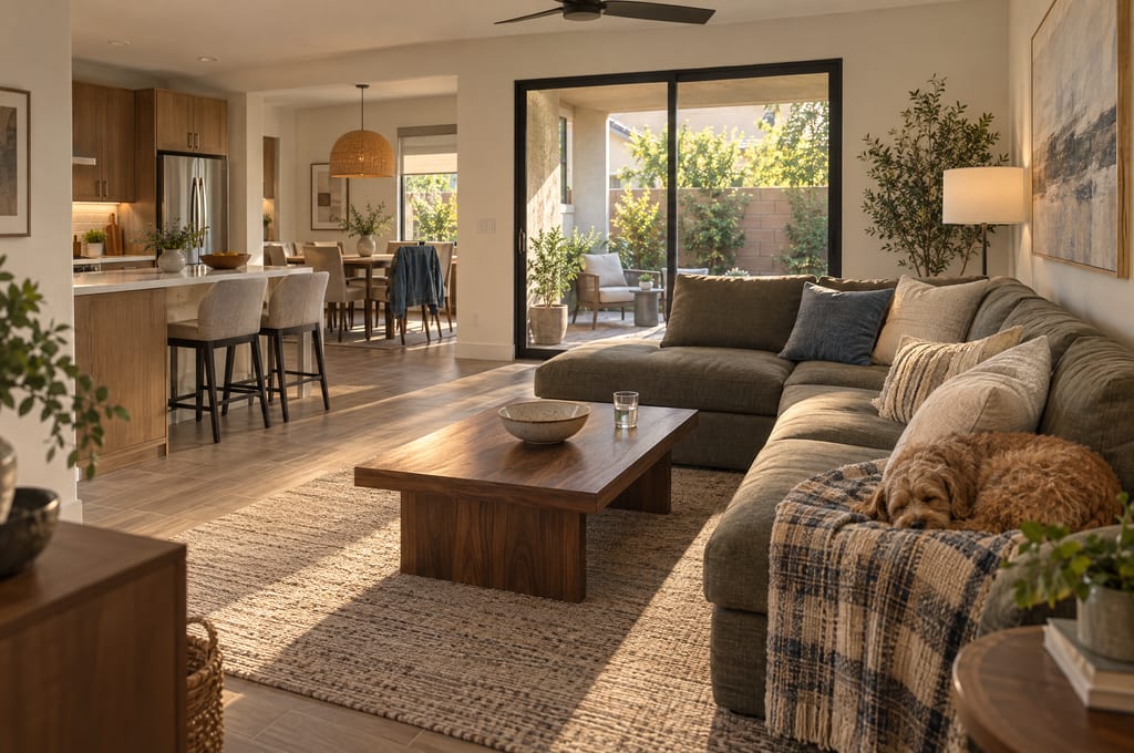 A dog sleeping on a comfortable sofa beside a contemporary kitchen and covered patio
