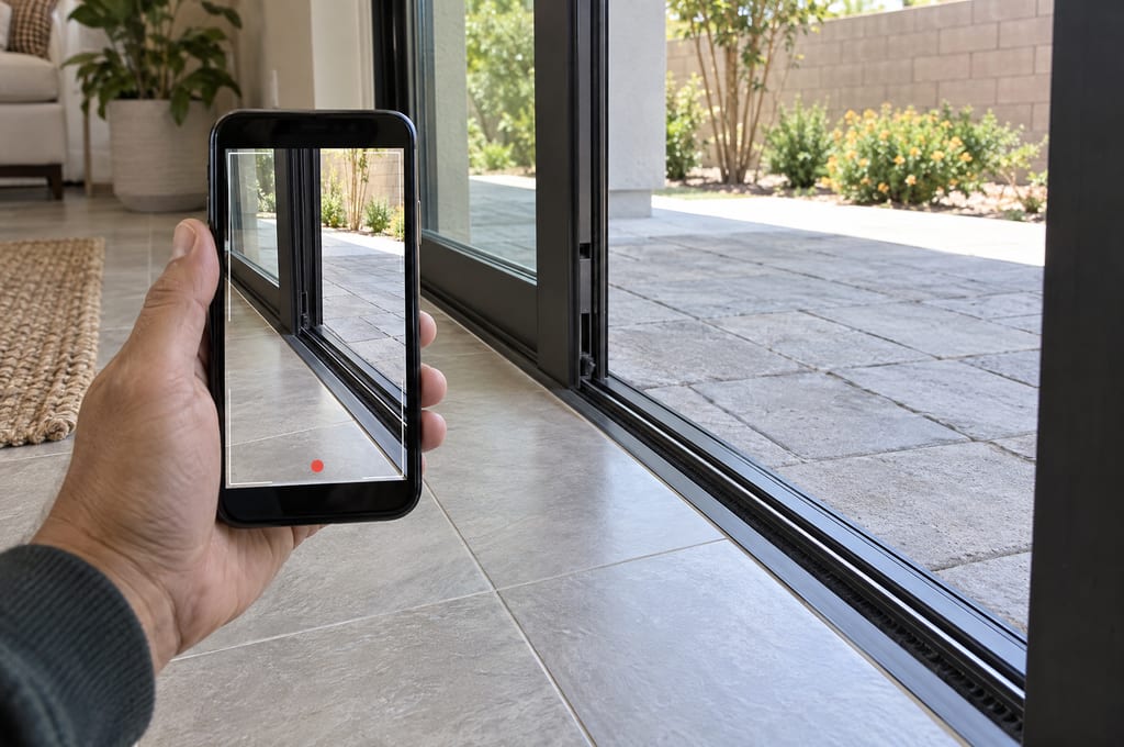 A hand holding a phone to record a sliding door track during a home walkthrough