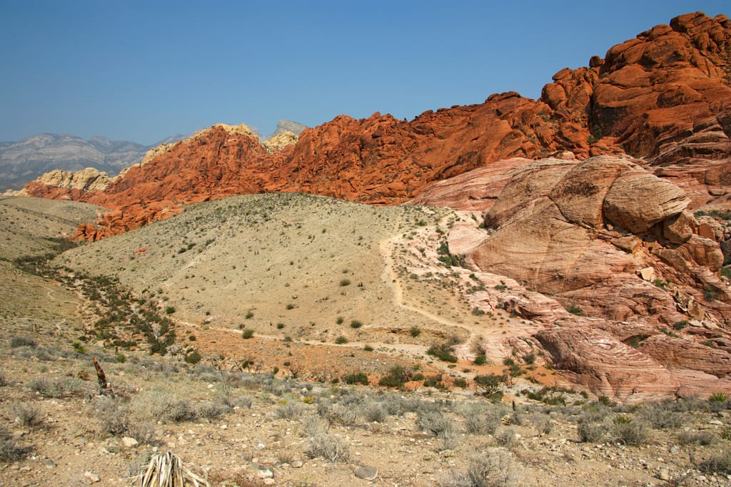 Red sandstone cliffs and desert vegetation at Red Rock Canyon