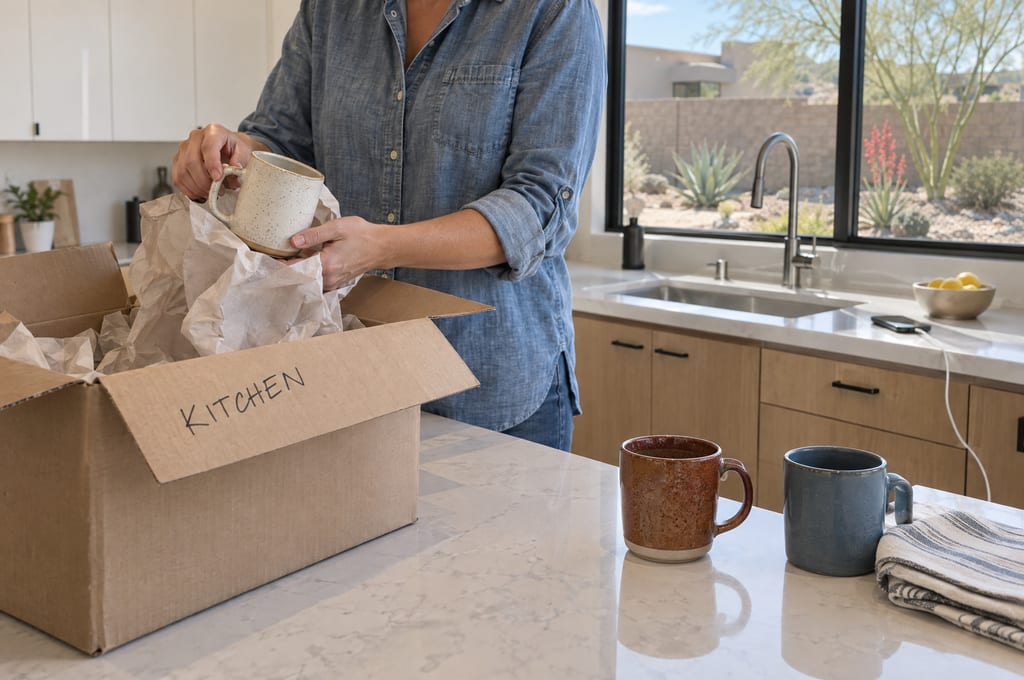 A person lifting a mug out of a moving box marked Kitchen, with a desert yard outside the window