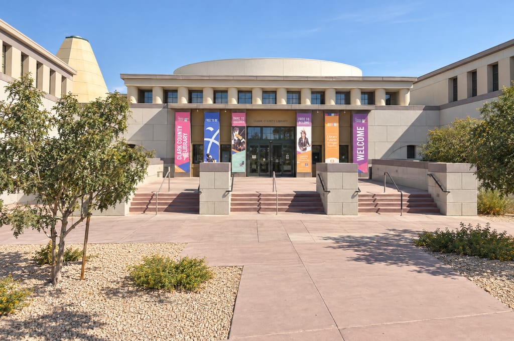 The Clark County Library entrance, a columned front under a low dome, with tall colored banners by the doors, one reading Clark County Library and one Welcome, above broad steps and a paved plaza.