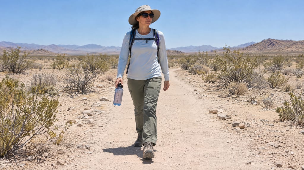 A woman wearing a sun hat, sunglasses and a backpack carries a water bottle along a rocky desert trail surrounded by low shrubs and mountains.