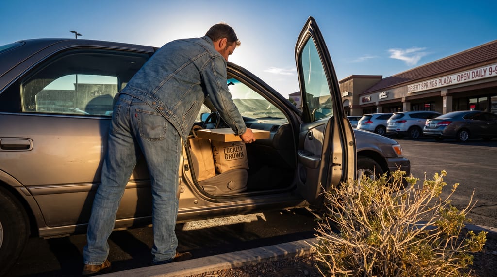 A man leans through an open car door holding a pizza box above paper grocery bags on the front passenger seat in a shopping-center parking lot.