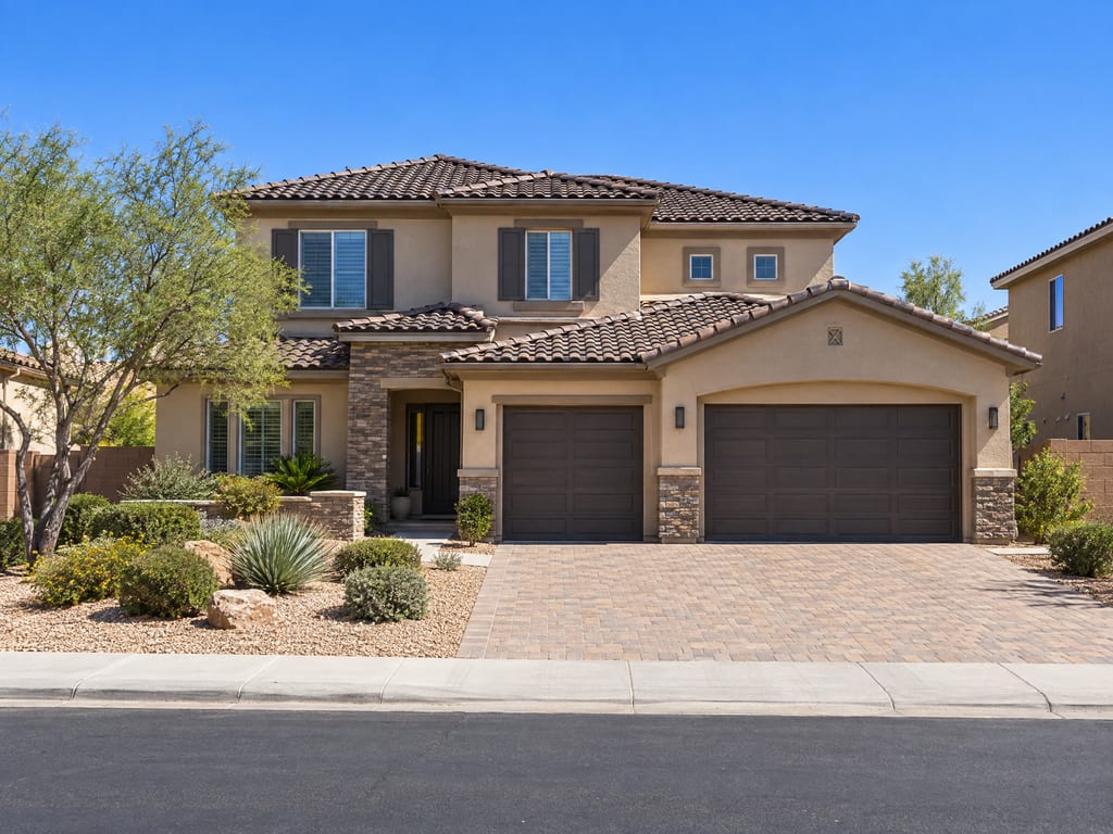 A two-story stucco house with a tile roof, stone trim and two dark garage doors sits behind a paver driveway and a front yard planted with desert shrubs.