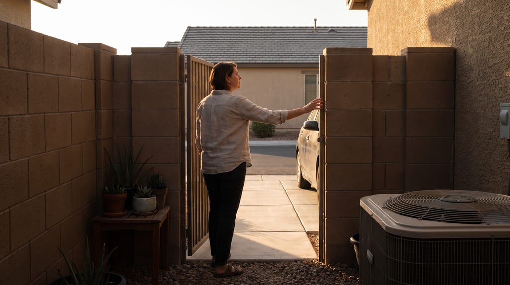 A woman stands at an open metal side gate beside potted plants and an outdoor air-conditioning unit, with a car and a house beyond the gate.