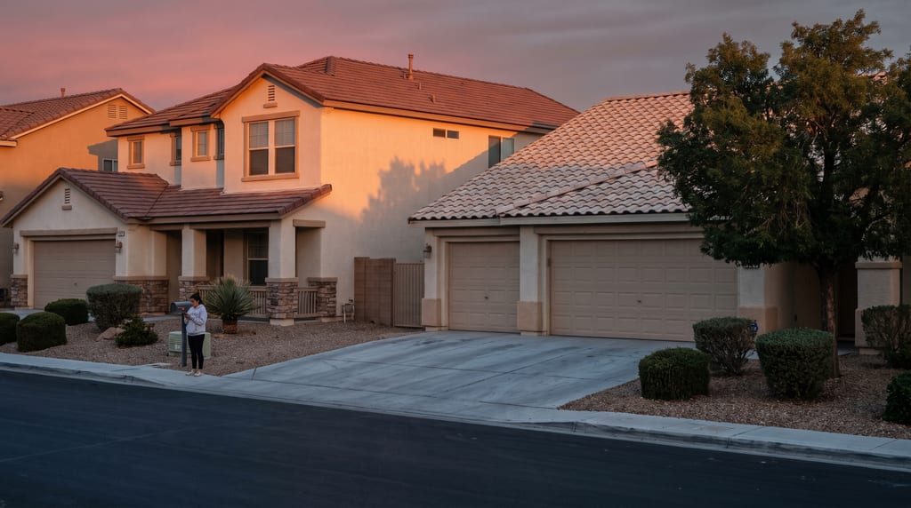 A two-story stucco house stands beside a single-story house with tiled roofs and gravel landscaping, while a woman stands near a mailbox.