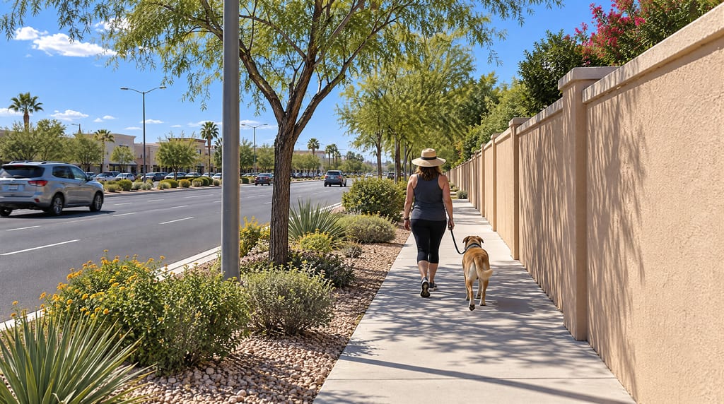 A woman in a sun hat walks a dog along a tree-lined sidewalk beside a tan wall, with traffic and shops across the road.