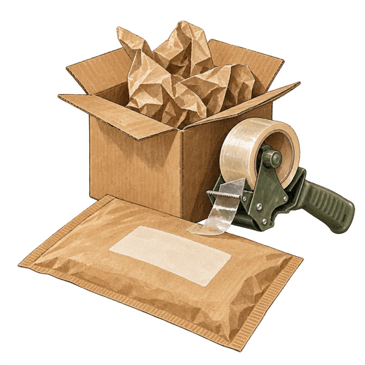 A drawing shows a padded mailer with a blank label beside a cardboard box filled with crumpled packing paper and a green tape gun.