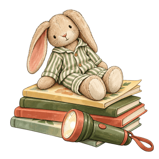 A drawing shows a plush rabbit in green striped pajamas sitting on four books, with a flashlight resting against the stack.