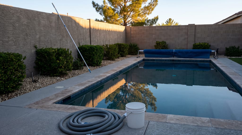 A rectangular backyard pool has a blue cover rolled onto a reel at one end, with a coiled hose, white bucket and long cleaning pole nearby.